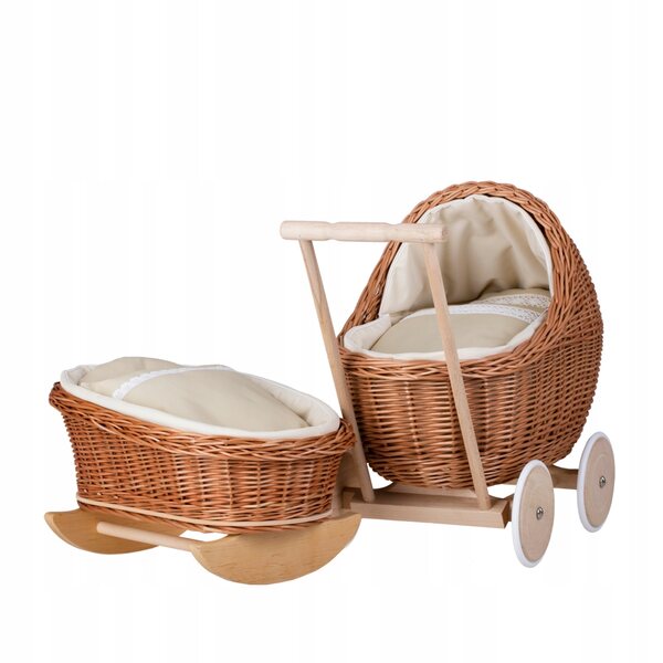 Set bestehend aus Korbwagen und Puppenwiege mit beigem Finish und Bettwäsche