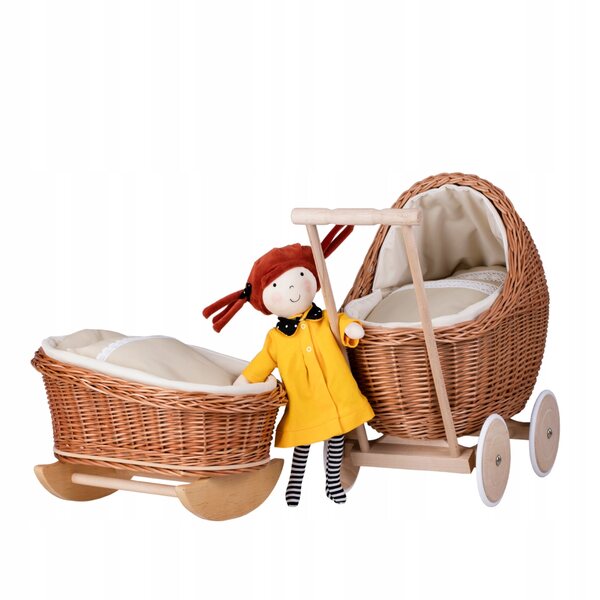 Set composto da passeggino in vimini e culla per bambola con finiture e biancheria da letto beige