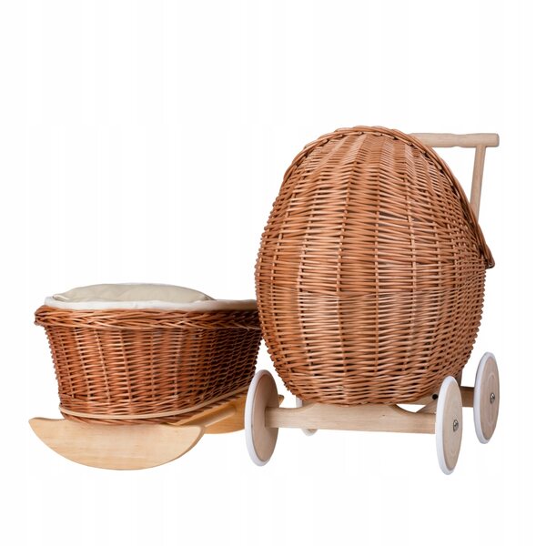 Set composto da passeggino in vimini e culla per bambola con finiture e biancheria da letto beige
