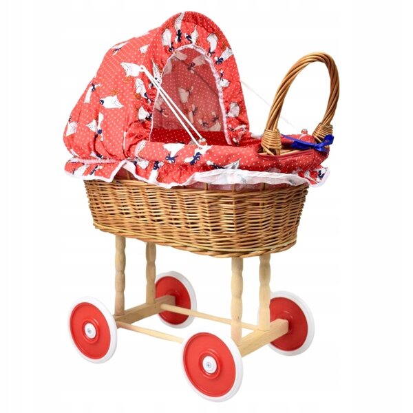Puppenwagen aus Korbgeflecht mit Gänsemusterstoff und Faltdach