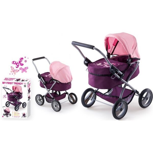 Brimarex 6120387 Tiefer Kinderwagen für Puppen, Farbe Pflaume mit Muster