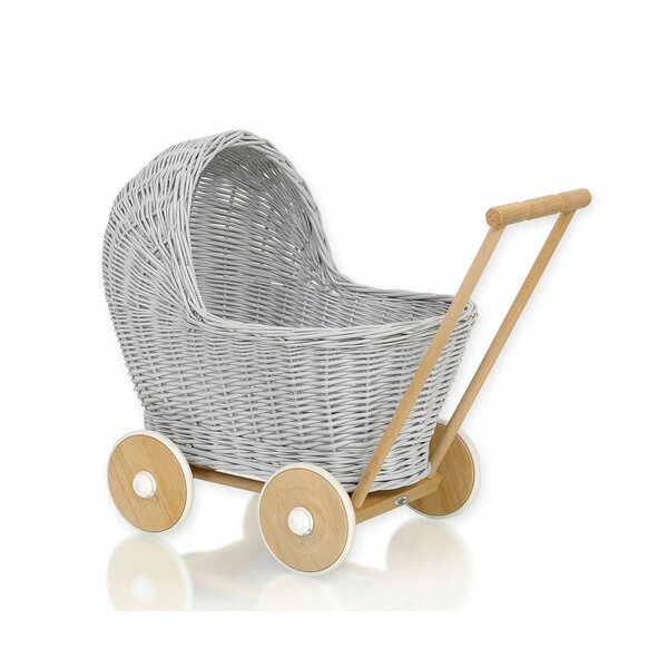 My Sweet Baby Puppenwagen aus grauem Korbgeflecht, hochwertiges Naturholz