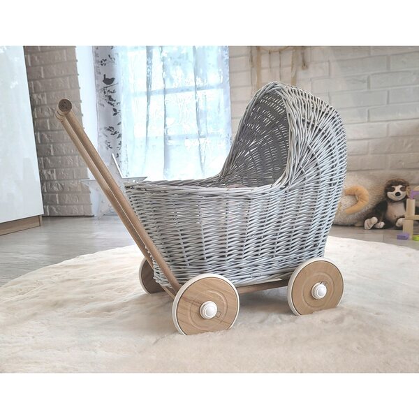 My Sweet Baby Puppenwagen aus grauem Korbgeflecht, hochwertiges Naturholz