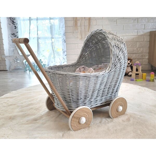My Sweet Baby Puppenwagen aus grauem Korbgeflecht, hochwertiges Naturholz