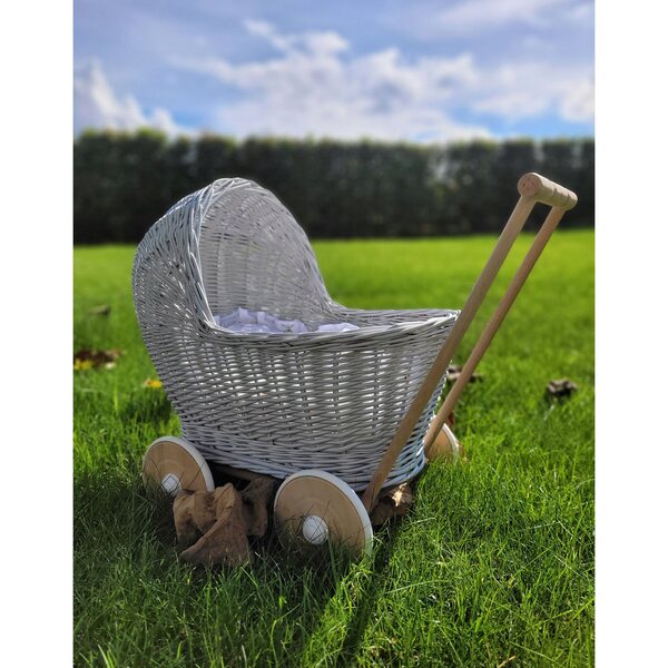 My Sweet Baby Puppenwagen aus grauem Korbgeflecht, hochwertiges Naturholz