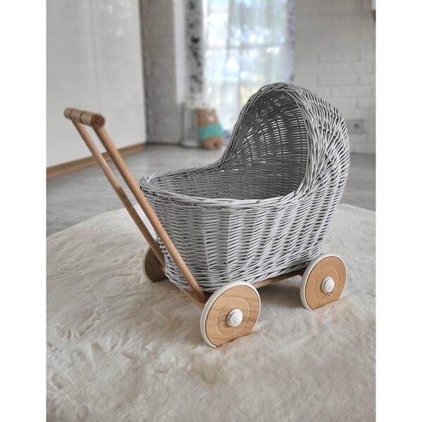 My Sweet Baby Puppenwagen aus grauem Korbgeflecht, hochwertiges Naturholz