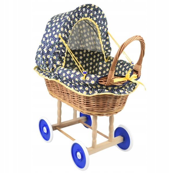 Blauer Puppenwagen aus Korbgeflecht mit Blumenmuster und Zubehör