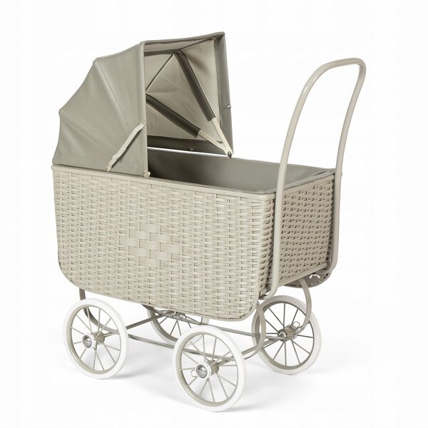 Wòzek für Puppen Retro Rattan Astrup grau mit Metall- und Rattanstruktur