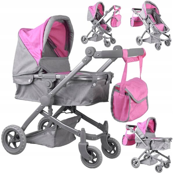 Jokomisiada 2in1 Puppenwagen rosa – leichter, faltbarer und verstellbarer Kinderwagen und Gondel
