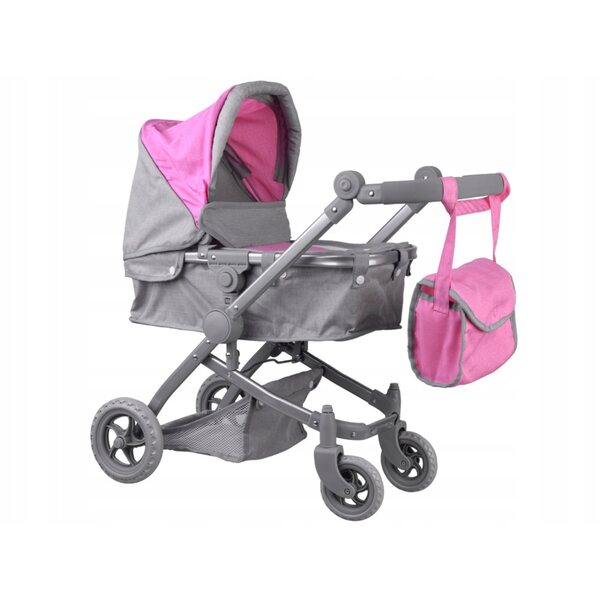 Jokomisiada 2in1 Puppenwagen rosa – leichter, faltbarer und verstellbarer Kinderwagen und Gondel