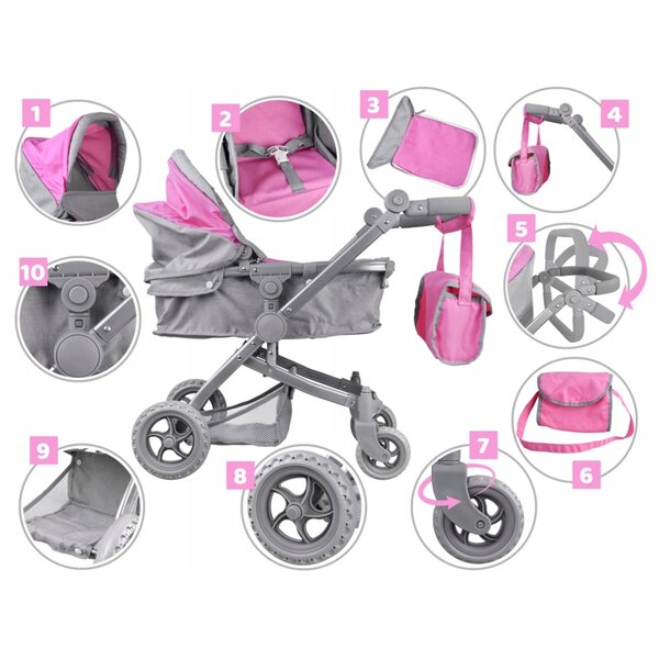 Jokomisiada 2in1 Puppenwagen rosa – leichter, faltbarer und verstellbarer Kinderwagen und Gondel