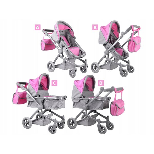 Jokomisiada 2in1 Puppenwagen rosa – leichter, faltbarer und verstellbarer Kinderwagen und Gondel