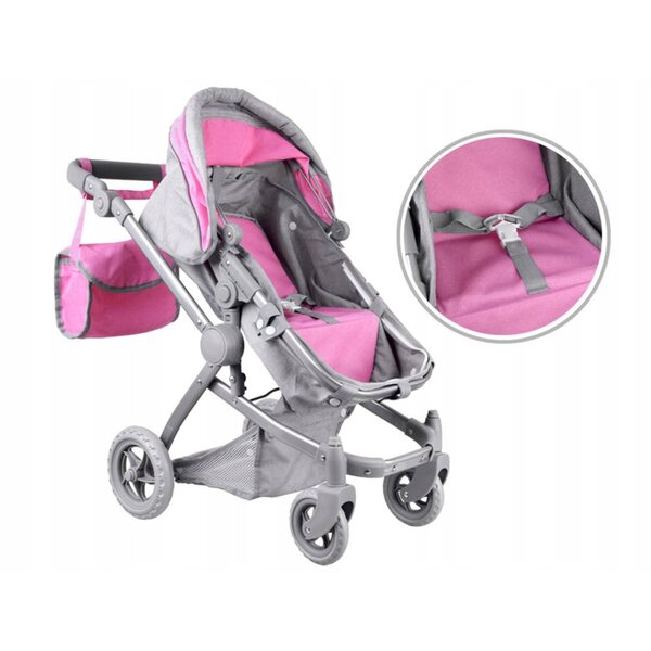Jokomisiada 2in1 Puppenwagen rosa – leichter, faltbarer und verstellbarer Kinderwagen und Gondel