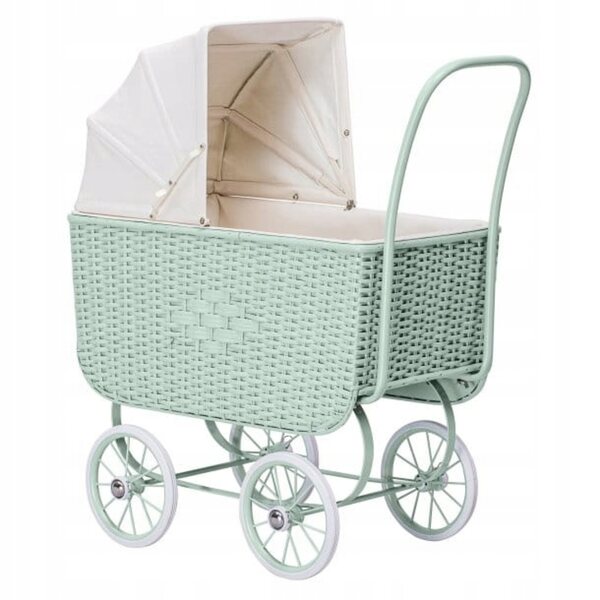 Grüner Retro-Rattan-Puppenwagen mit Metallgestell und großer Wiege