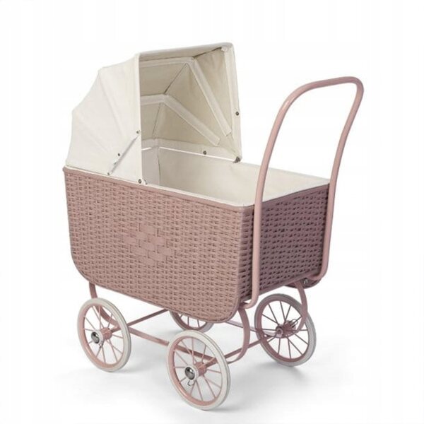 ASTRUP Puppenwagen aus rosafarbenem Rattan im Retro-Stil, mit Matratze