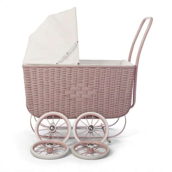 Carrozzina per bambole ASTRUP in rattan stile retrò rosa, con materassino