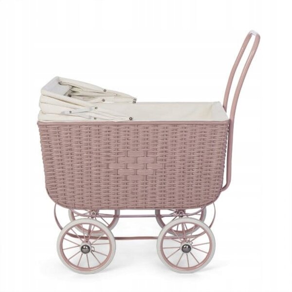 Carrozzina per bambole ASTRUP in rattan stile retrò rosa, con materassino