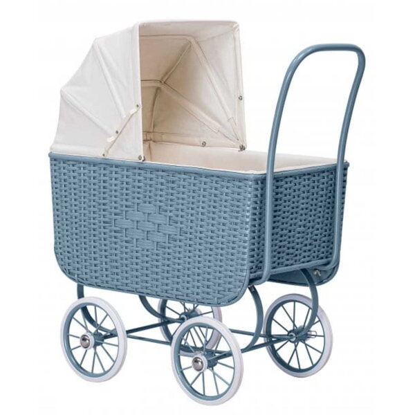 Astrup Retro Rattan Puppenwagen blau, Vintage-Design und handgefertigt