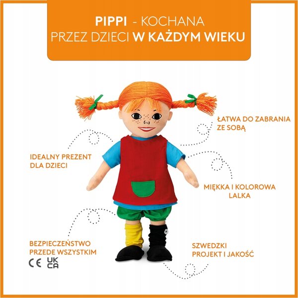 Lalkeletta morbida Pippi Calzelunghe 40 cm, giocattolo lavabile per bambini