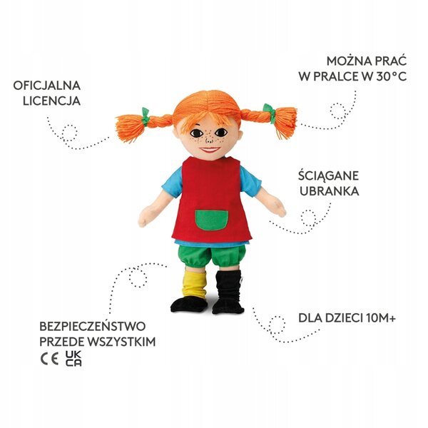 Lalkeletta morbida Pippi Calzelunghe 40 cm, giocattolo lavabile per bambini