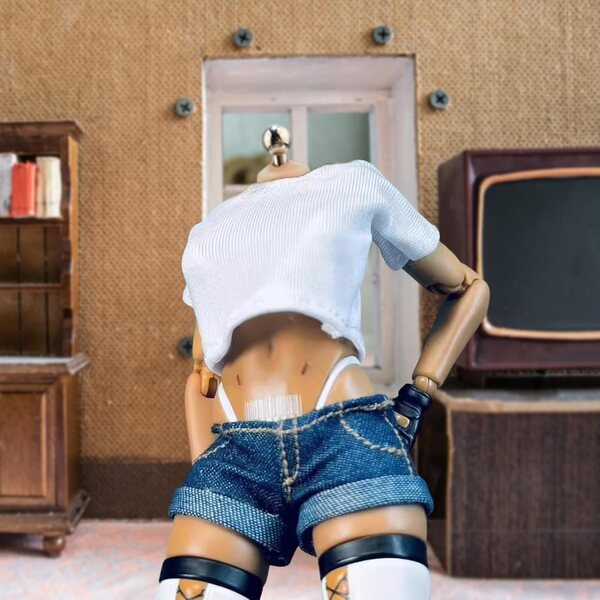 MagiDeal 1/12 Jeans-Shorts und lässiges Oberteil für 6-Zoll-Puppen, Retro-Mode-Outfit