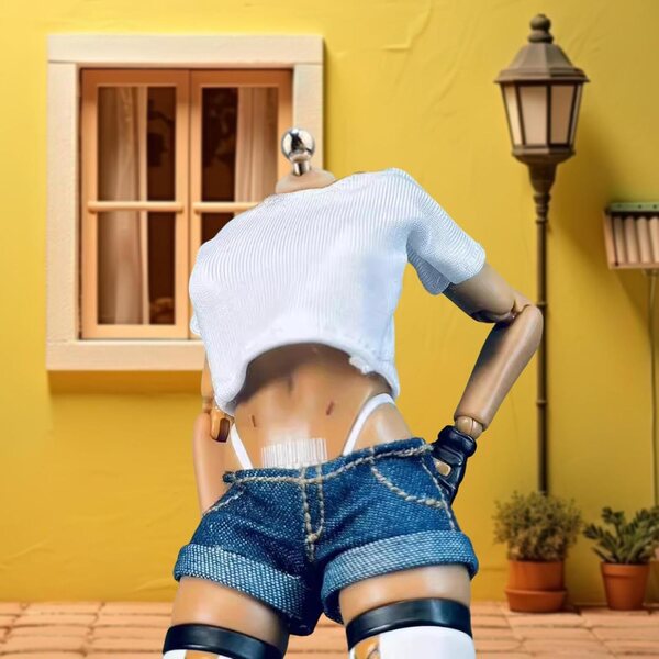 MagiDeal 1/12 Jeans-Shorts und lässiges Oberteil für 6-Zoll-Puppen, Retro-Mode-Outfit