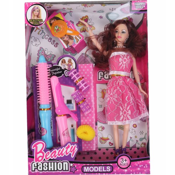 Bambola con set per capelli: arricciacapelli, spazzola, bigodini e mollette