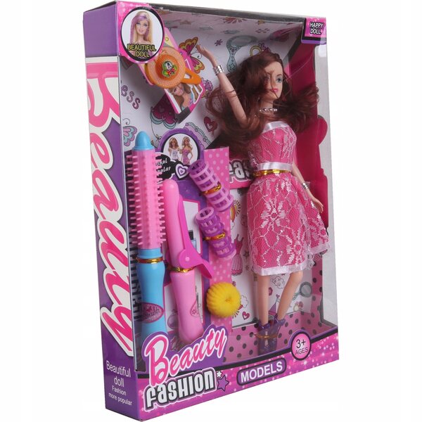 Bambola con set per capelli: arricciacapelli, spazzola, bigodini e mollette