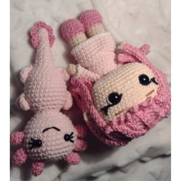 Handgefertigtes rosafarbenes Amigurumi-Puppen- und Axolotl-Set im Funko Pop-Stil, 15 cm
