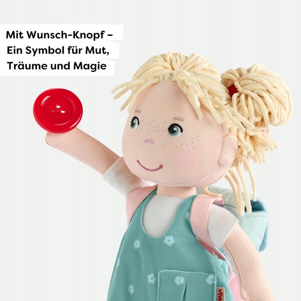 HABA Doll Tilli 30cm morbida con zaino e bottone magico per bambini 18+ mesi