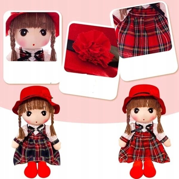 Bambola di pezza Lichengtai 45 cm con vestito e cappello, colore rosso, con difetto