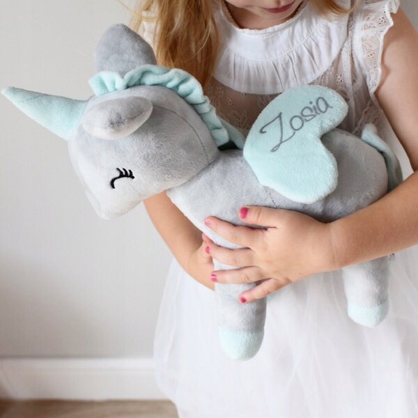 Einhorn Plüschtier L Grau und Mint personalisiert - Weiches Plüschtier für Kinder