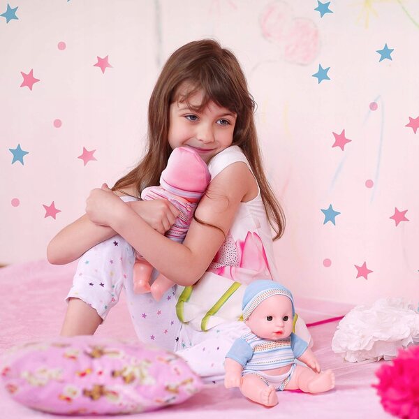 Set 2 Bambole Gemelle Bobaski 19 cm con Abbigliamento Coordinato per Bambini