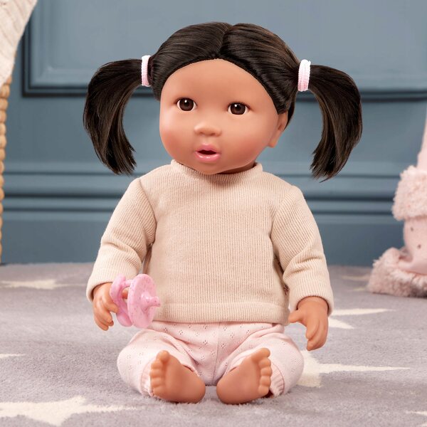 Bambolina LullaBaby bruna con capelli e ciuccio in vestiti 35 cm