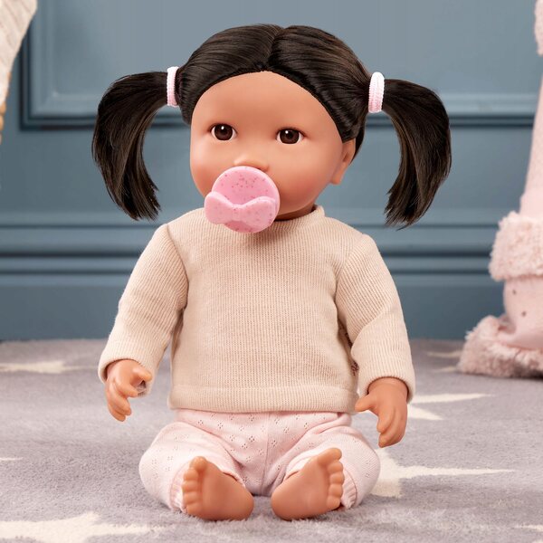 Bambolina LullaBaby bruna con capelli e ciuccio in vestiti 35 cm