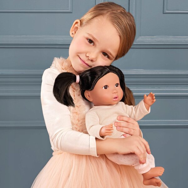 Bambolina LullaBaby bruna con capelli e ciuccio in vestiti 35 cm