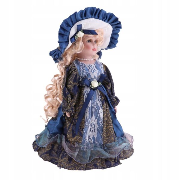 Elegante bambola di porcellana 30 cm con stand in legno e abito vittoriano