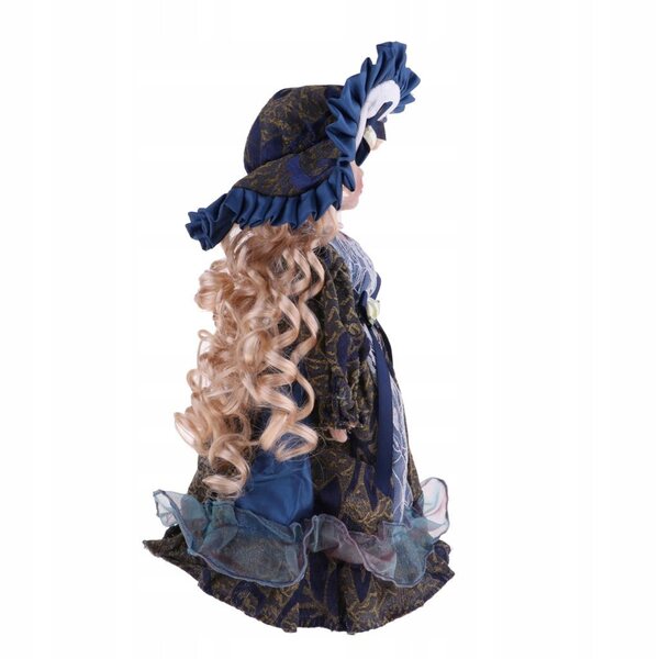 Elegante bambola di porcellana 30 cm con stand in legno e abito vittoriano