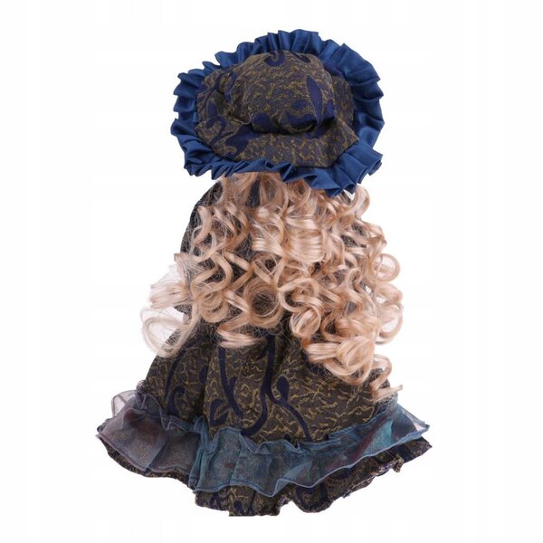 Elegante bambola di porcellana 30 cm con stand in legno e abito vittoriano