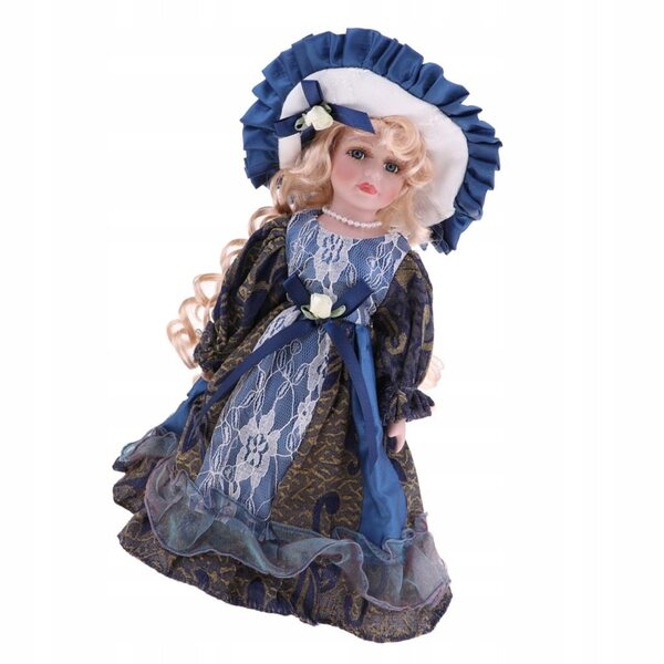 Elegante bambola di porcellana 30 cm con stand in legno e abito vittoriano