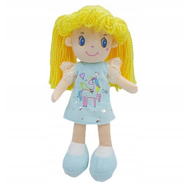 Bambola Szmacianka 35 cm Smily - morbida bambola in tessuto con vestito blu e unicorno