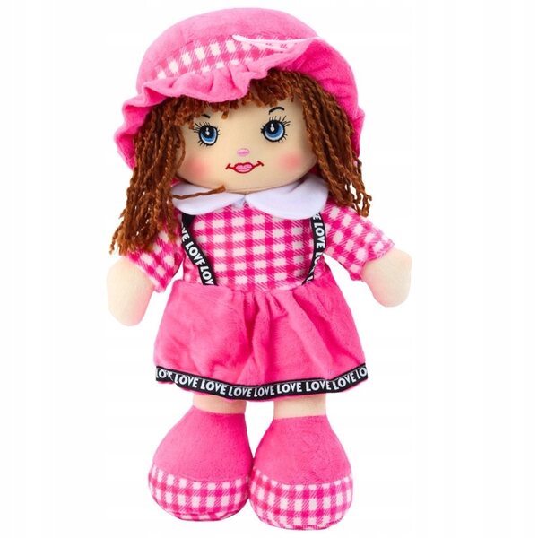 35 cm große rosa Stoffpuppe mit kariertem Kleid und Hut für Mädchen
