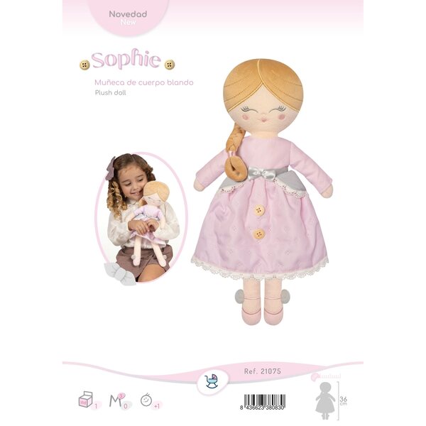 DeCuevas Sophie 36 cm - Bambola di peluche delicata per bimbi da 1 anno