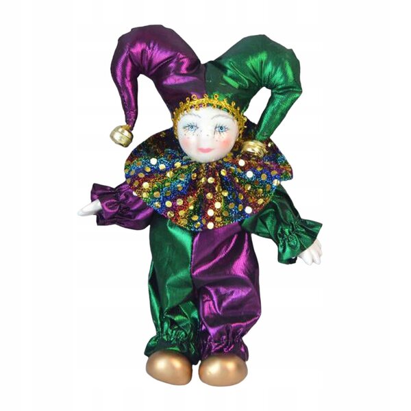 Keramik-Clownfigur 18 cm mit flexiblen grünen und violetten Armen und Beinen