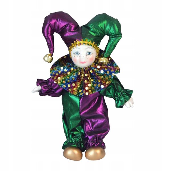 Figurina clown in ceramica 18 cm con braccia e gambe flessibili verde e viola