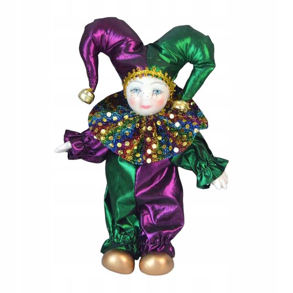 Figurina clown in ceramica 18 cm con braccia e gambe flessibili verde e viola
