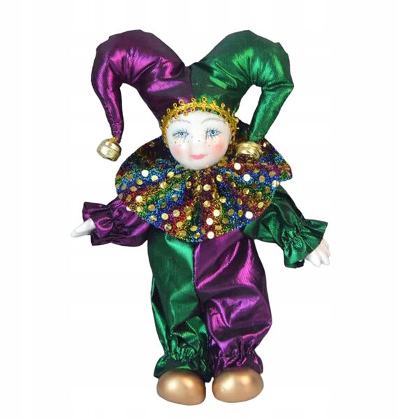 Figurina clown in ceramica 18 cm con braccia e gambe flessibili verde e viola