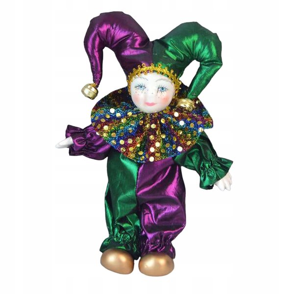 Figurina clown in ceramica 18 cm con braccia e gambe flessibili verde e viola