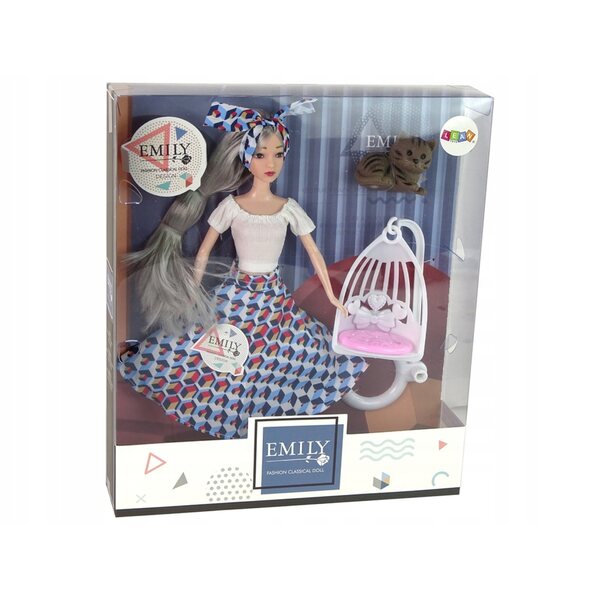 Emily-Puppe mit Kätzchen und Schaukel mit blauem und dunkelblauem Schal für Kinder