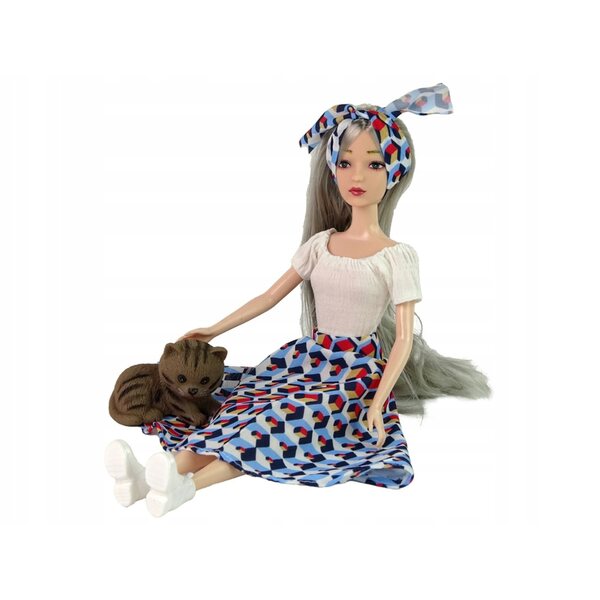 Emily-Puppe mit Kätzchen und Schaukel mit blauem und dunkelblauem Schal für Kinder
